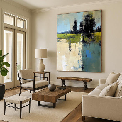 Contemporary hand-painted abstract artwork featuring an Italian landscape with muted beige greens and blues in a minimalist style. DLZ0463