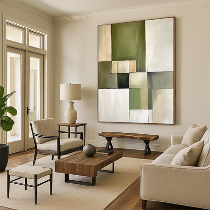 Contemporary abstract painting featuring green and beige blocks with soft tones and simple lines, embodying minimalism and geometric shapes on canvas. DLZ0747