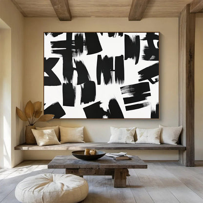 “Chaotic Black - White Brush Marks” - Black, White, Dynamic Marks Painting On Canvas HB0805