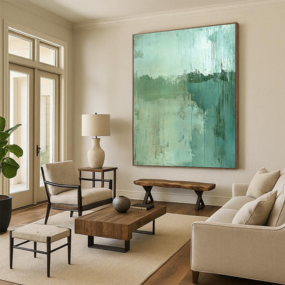 Contemporary hand-painted abstract artwork features a worn landscape in green and blue tones with textured depth and a subtle focal point for intrigue. DLZ0962