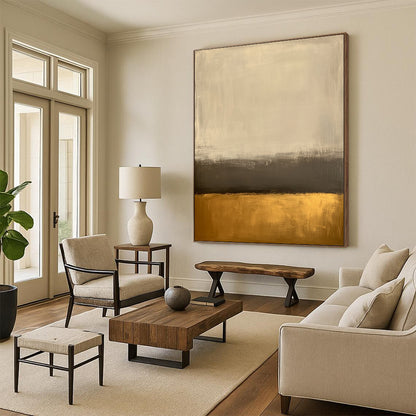 Large contemporary abstract painting featuring an off-white background and gold bottom with minimalist earth tones and low contrast for a serene aesthetic. DLZ1013