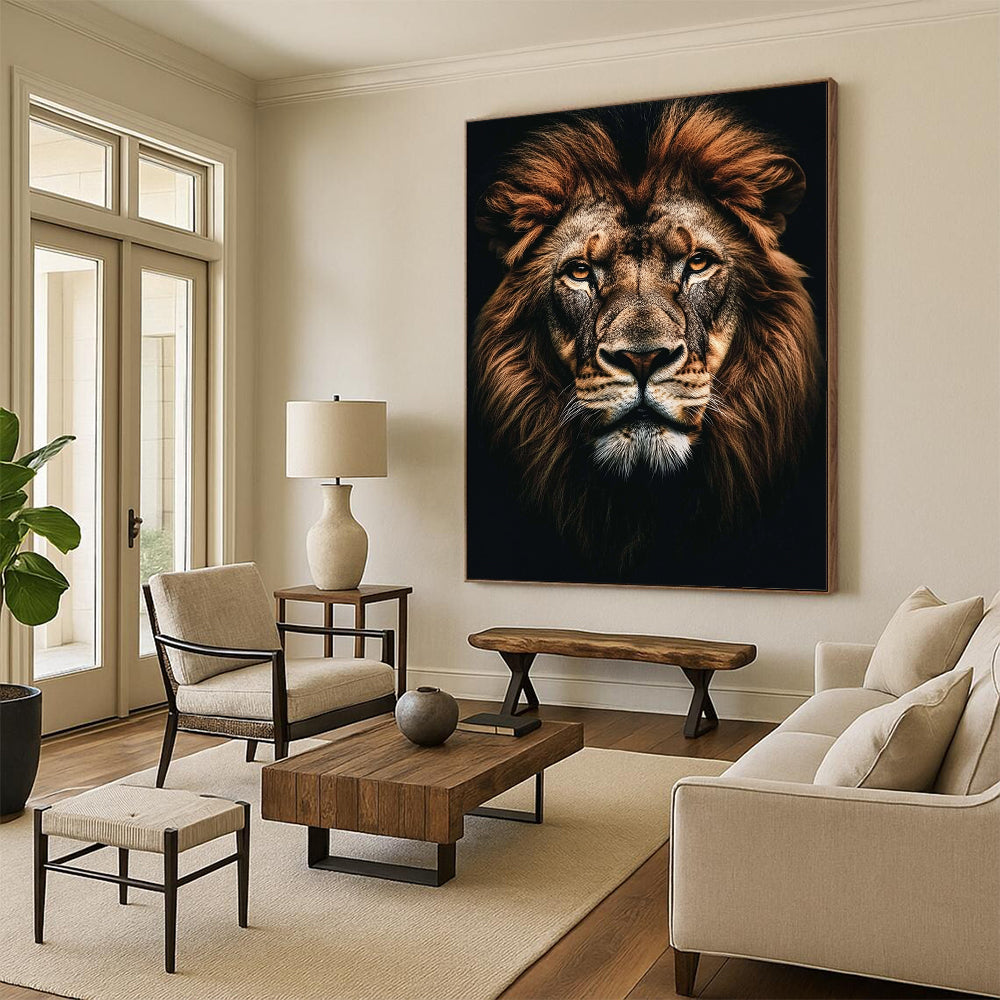 Contemporary abstract painting featuring a majestic lion portrait with realistic details against a dark background, perfect for modern decor. DLZ1590