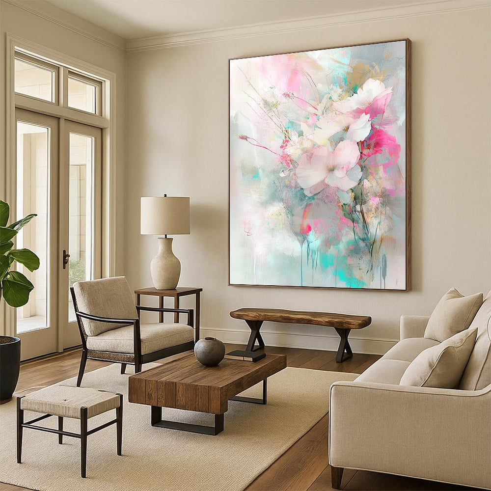 Vibrant contemporary hand-painted abstract art featuring flowers and plants in light pink and turquoise with delicate brushstrokes and soft lighting. DLZ0981