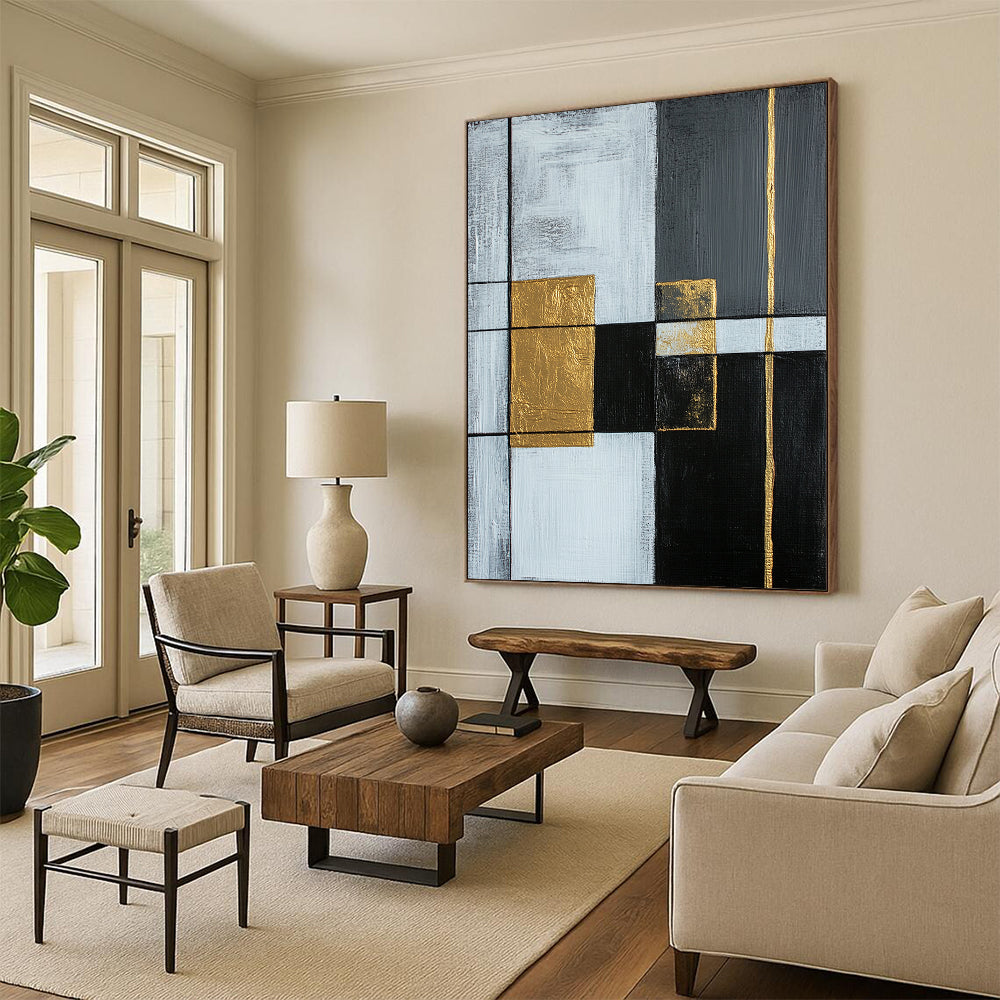 Gray, White, Gold, Black, Geometric Squares "Gilded Intersection" Abstract Modernist Painting On Canvas HB149