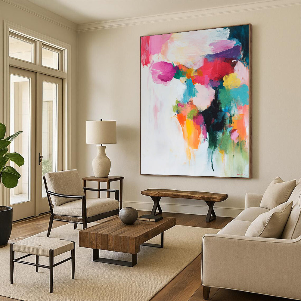 Contemporary abstract painting features soft colors in brush strokes and shapes on a white background with pinks reds greens yellows and blues. DLZ0687