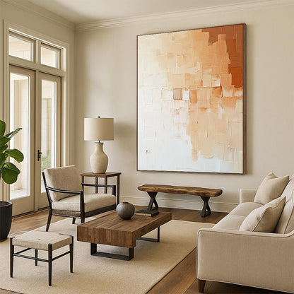 Contemporary abstract painting featuring thick impasto strokes in neutral tones, capturing a minimalist brick wall in elegant beige, white, and light orange hues. DLZ1198