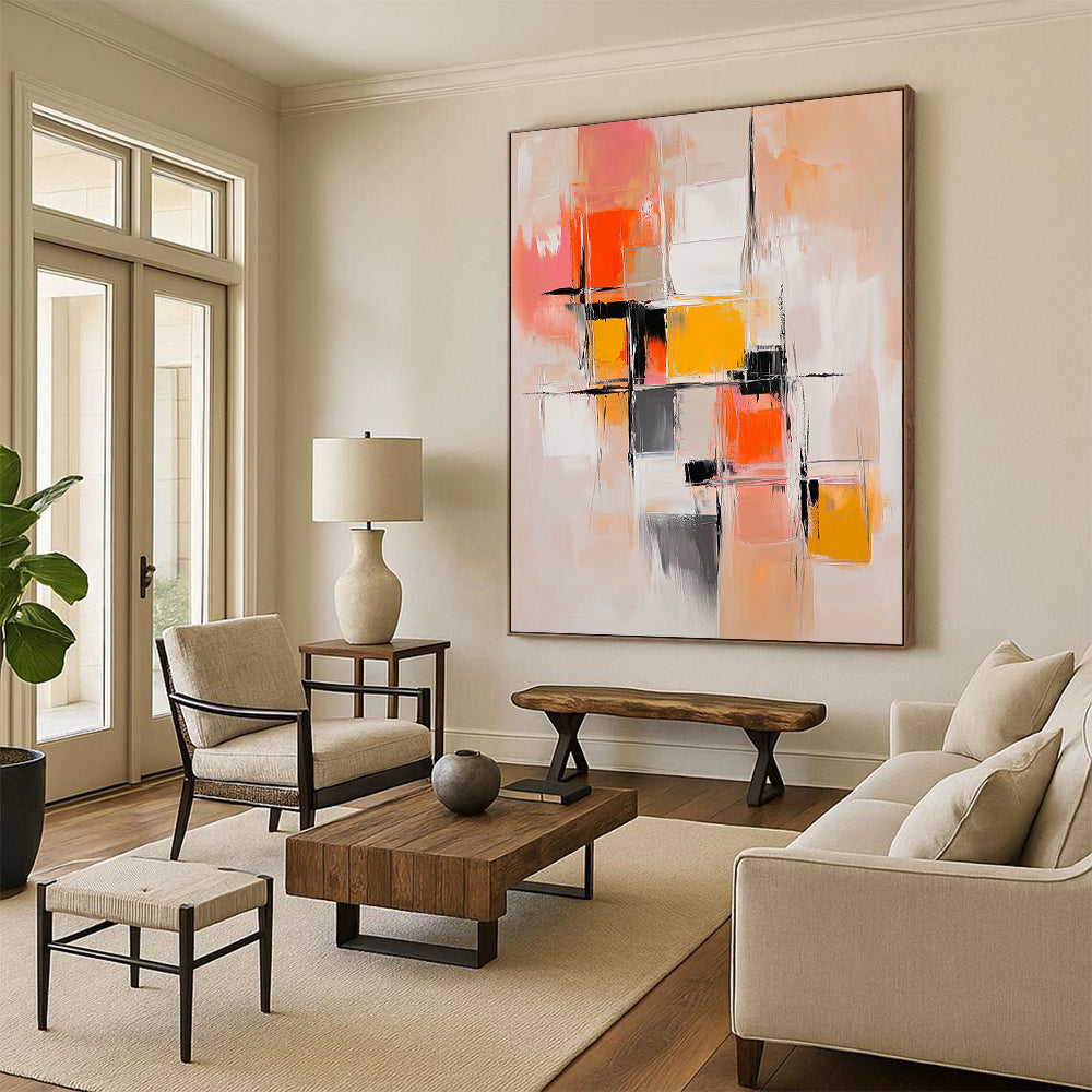 Contemporary hand-painted abstract artwork features harmonious beige and orange hues with dynamic brushstrokes and layered geometric shapes for emotional depth. DLZ0939