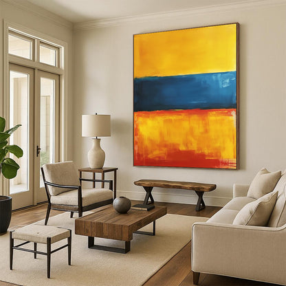 Contemporary abstract artwork featuring a vibrant interplay of orange, blue, and yellow hues, inspired by minimalist aesthetics. DLZ1354