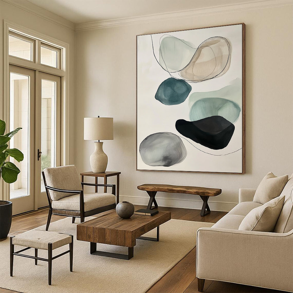 Contemporary abstract art featuring muted colors, black ink outlines, floating rocks in gray and teal on a white background. DLZ0796