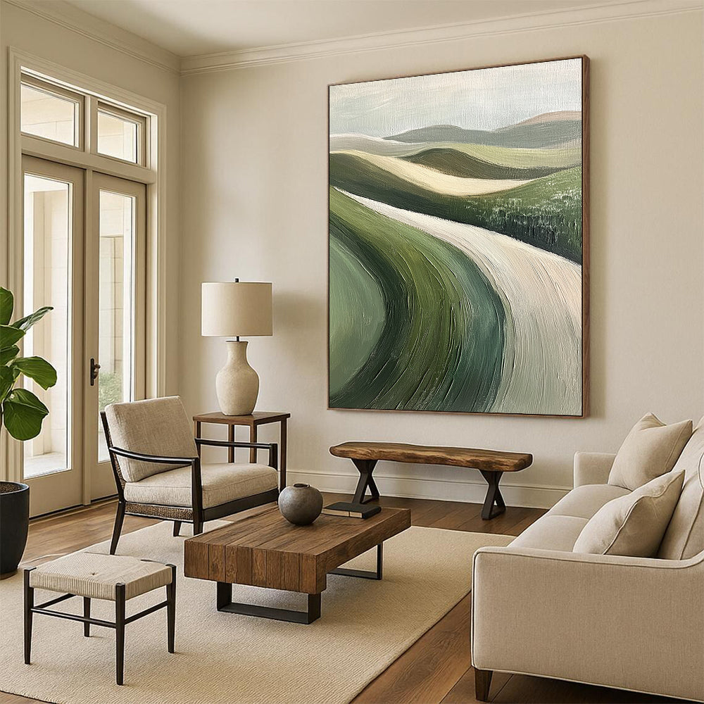 Contemporary hand-painted abstract art featuring rolling green hills, textured brushstrokes, muted colors, soft focus, and a minimalist impressionist style. DLZ1107