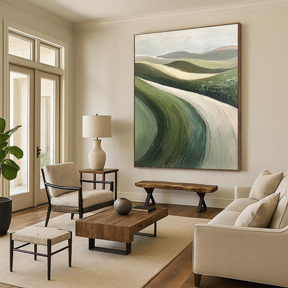Contemporary hand-painted abstract art featuring rolling green hills, textured brushstrokes, muted colors, soft focus, and a minimalist impressionist style. DLZ1107