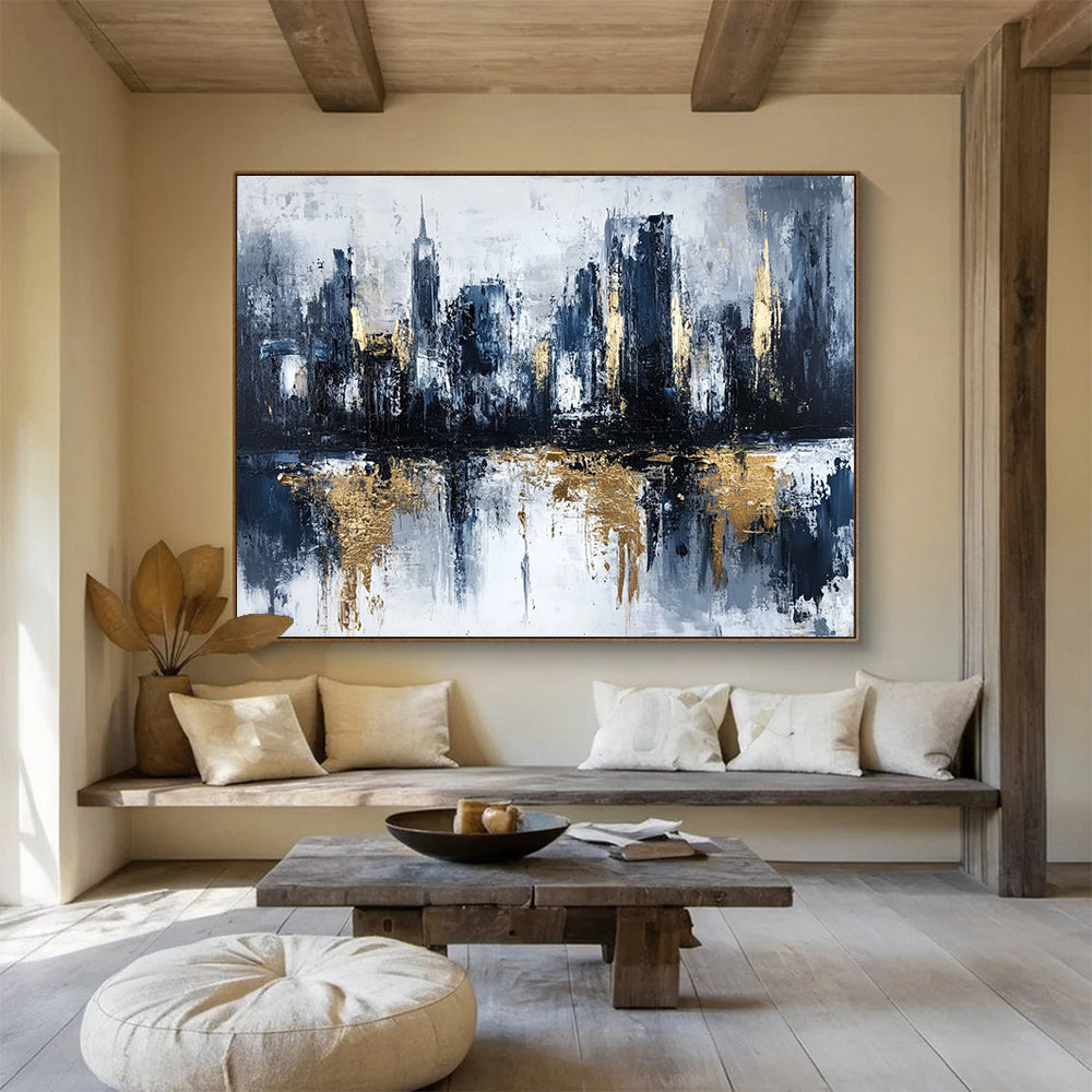 “Gilded City Skyline Reflection” - Gray, Blue, Gold, Abstract Cityscape with Water Mirroring Painting On Canvas HB1097