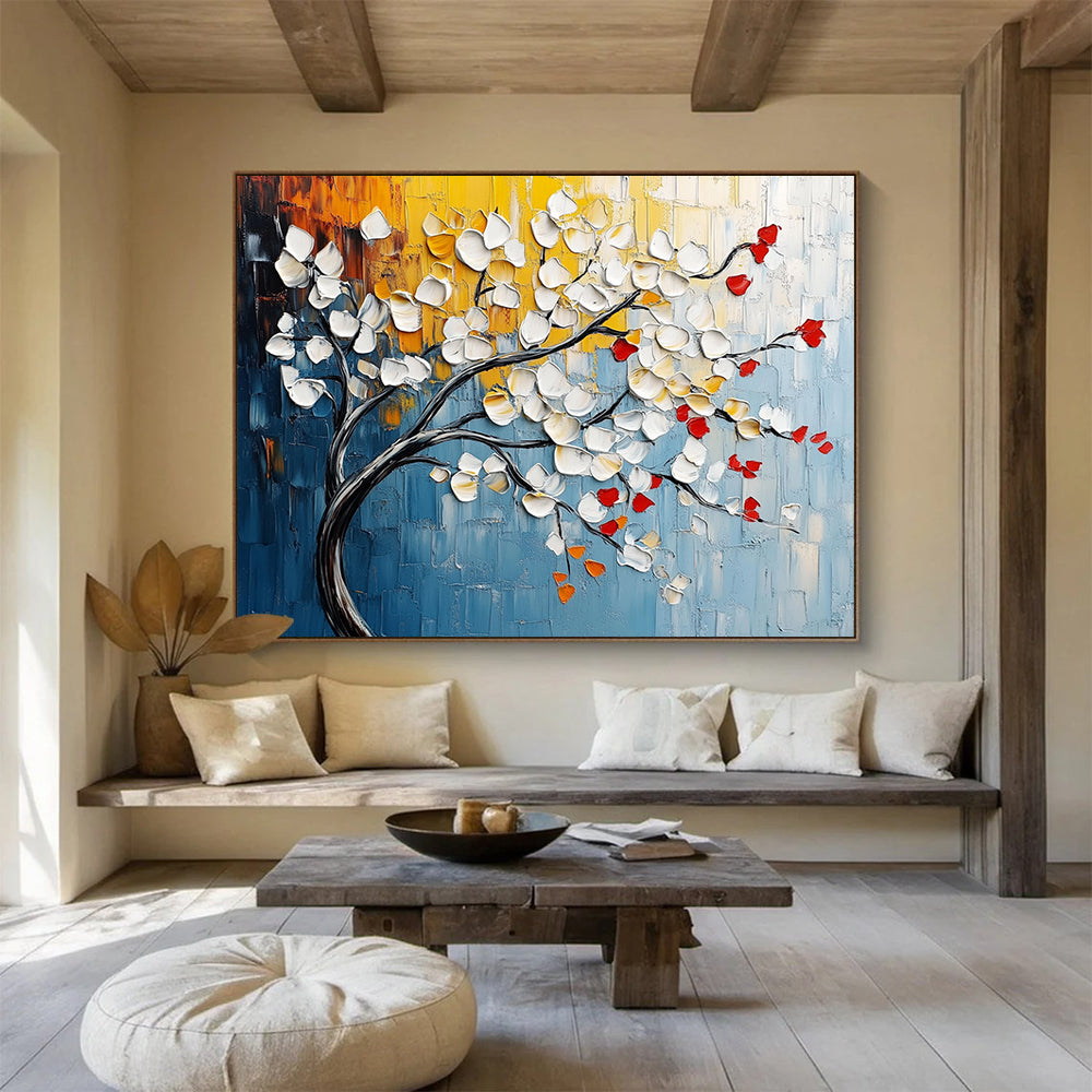 “Textured Blossom Branch” - White, Red, Yellow, Blue - Impasto Floral Branch - Acrylic Painting HB1330