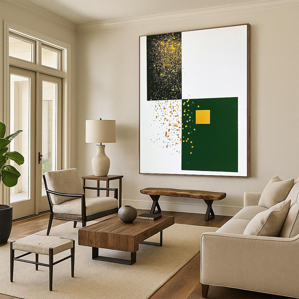 Contemporary abstract artwork featuring minimalist Japandi style with gold ink splatters on white paper and a dark green cardstock centerpiece. DLZ1613