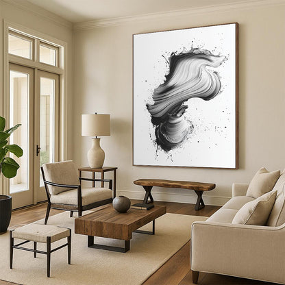 Black & Gray Swirled Brushstrokes on White - “Textured Ink Flow” Painting On Canvas HB220