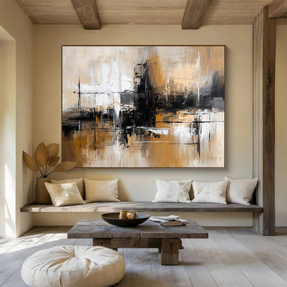 “Brown and Gray Abstract Cityscape” - Brown, gray, white, black; Abstract cityscape with a moody atmosphere; Acrylic Painting On Canvas HB1264