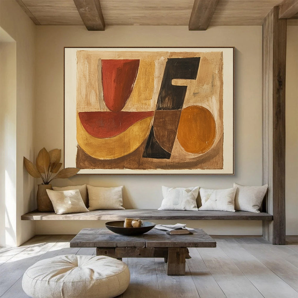“Geometric Shapes in Earth Tones” - Red, black, yellow, brown, Abstract Geometric Painting HB0631