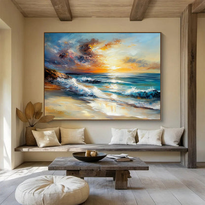 Sunset Beach with Crashing Waves - Expressive Impasto Seaside Painting On Canvas HB0441