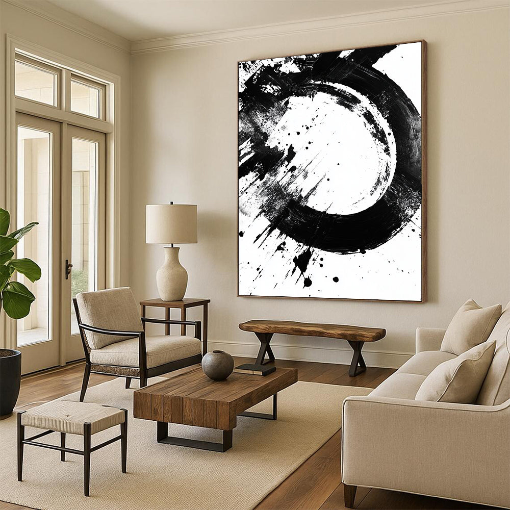 Black Circular Brushstroke with Splatter - “Dynamic Enso Splash” Painting On Canvas HB242