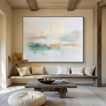 “Soft Neutral Abstract Landscape” - Beige, White, Teal, Gentle Textured Painting On Canvas HB1004