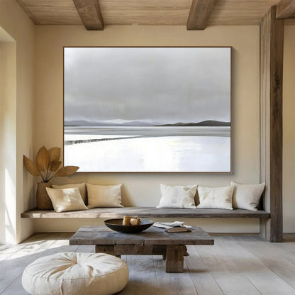 “Misty Lake Landscape” - Gray, white, blue, minimalist, Landscape Painting HB0624