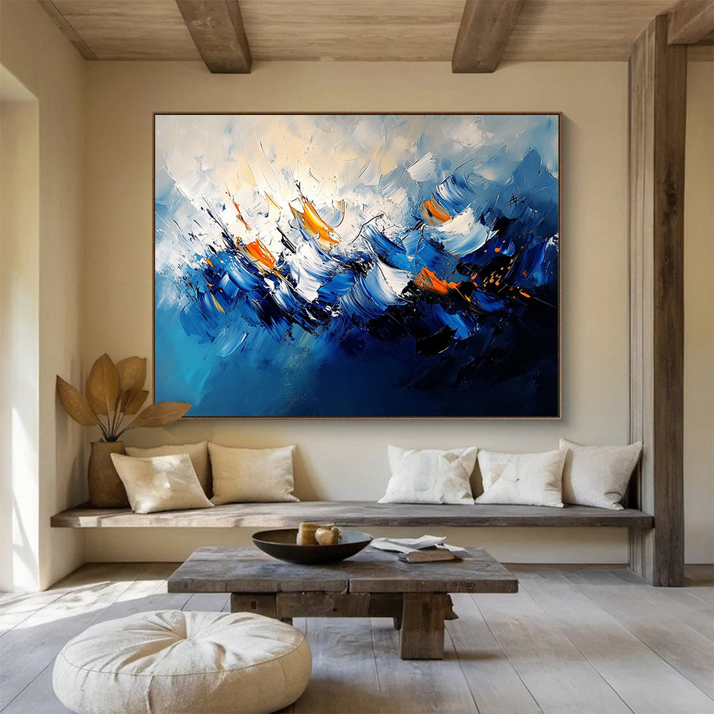 “Blue - Orange Abstract Wave Motion” - Blue, Orange, White, Dynamic Wave Shapes Painting On Canvas HB0830