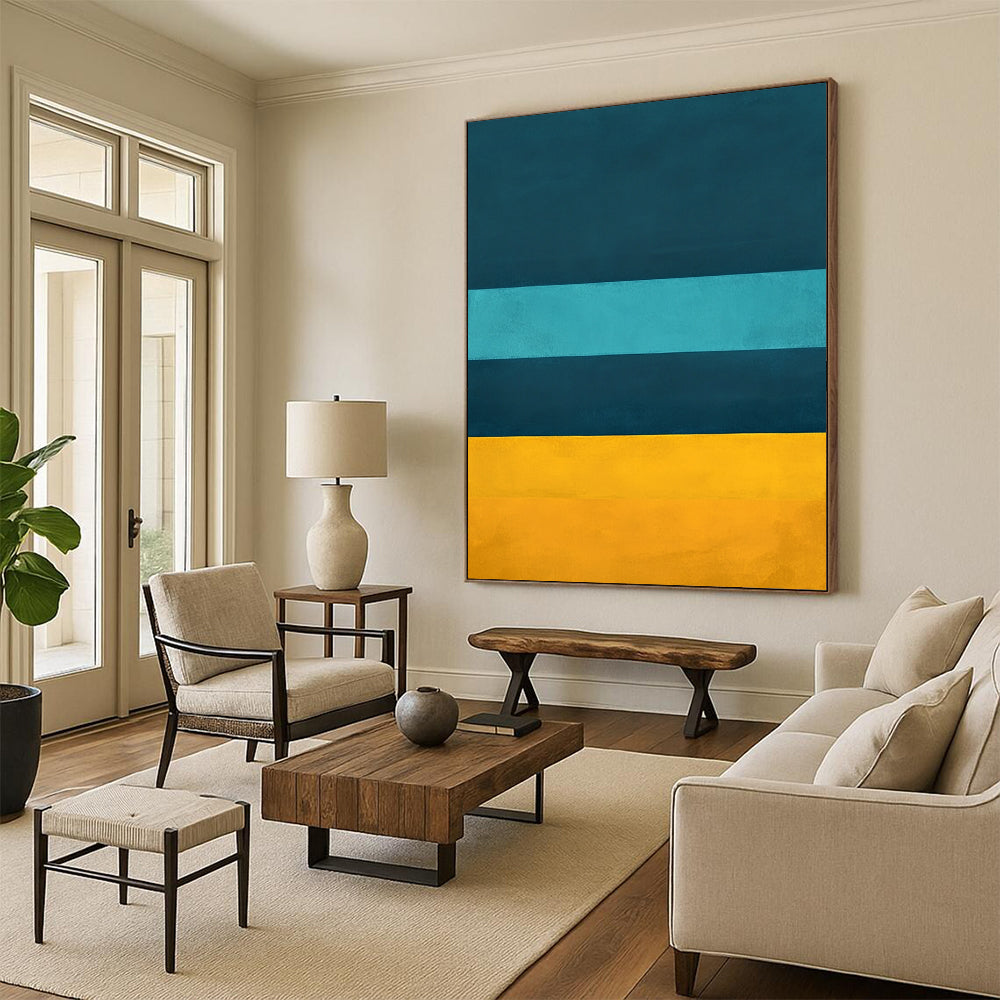 Contemporary hand-painted abstract artwork featuring deep blue teal and yellow horizontal stripes inspired by Rothko's color fields. DLZ0684