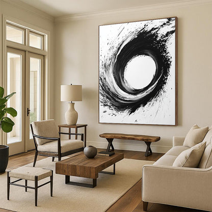 Black, White, Dynamic Circular Swirl "Whirlwind Ink" Abstract Expressionist Painting On Canvas HB133