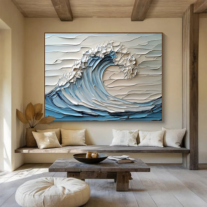 Blue, White and Gray Textured Wave "Sculpted Surf" Painting On Canvas HB0420