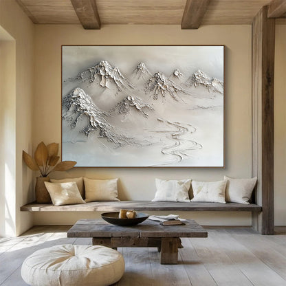 “Textured Mountain Range” - Neutral Grays, Beiges, Textured Mountain Landscape - 3D Relief Sculpture Painting HB1751