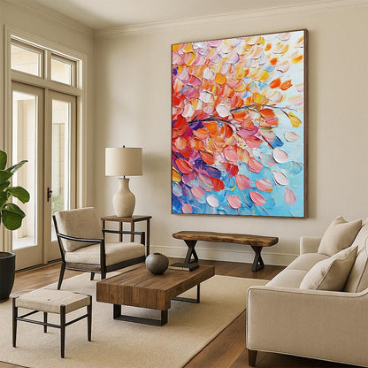 Contemporary abstract painting featuring vibrant pink and orange flowers with colorful leaves on a soft sky-blue background, rich in texture and movement. DLZ0620
