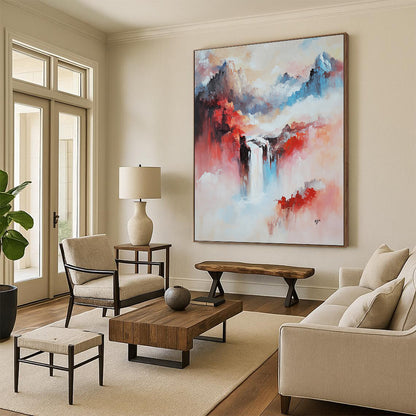 Large contemporary abstract painting featuring a mountainous Chinese landscape with a vibrant waterfall in pink and red tones. DLZ0605