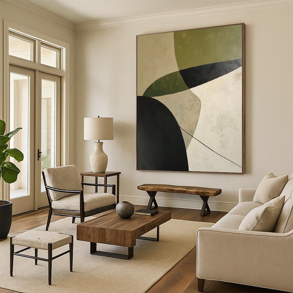 Contemporary abstract painting featuring calming white green and black curves with shadow effects on a beige background expressing simplicity and depth. DLZ1399