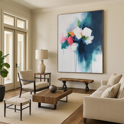 Contemporary abstract art featuring thick brush strokes of dark teal and light pink on a white background, evoking a soft and atmospheric floral theme. DLZ0621