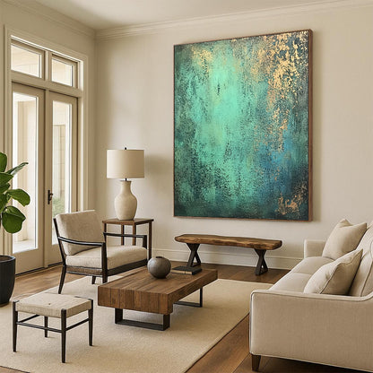 Contemporary hand-painted abstract art features textured patina-green with hints of blue and gold on a dark gray background for a rustic yet elegant ambiance. DLZ1165