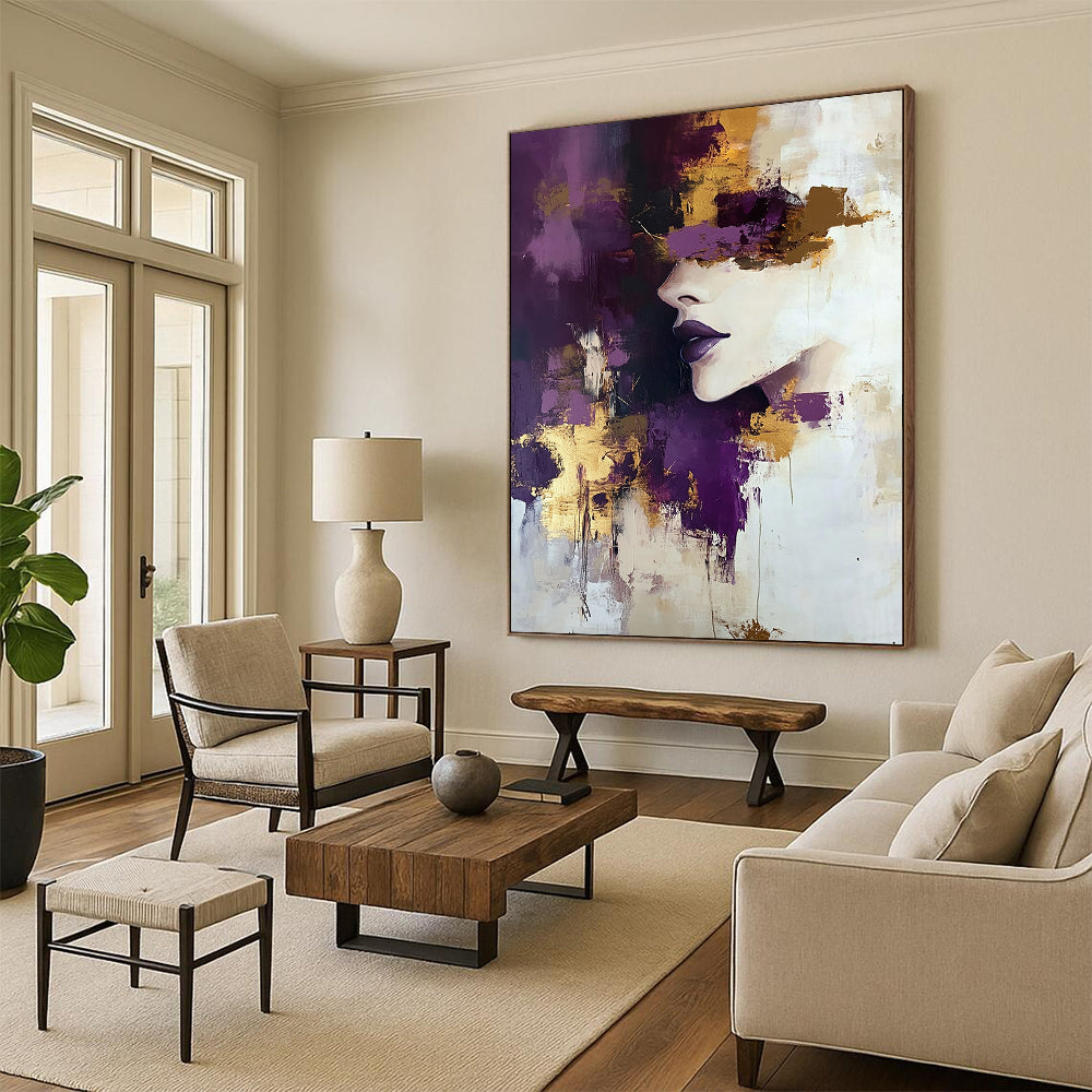 Contemporary hand-painted abstract art featuring a woman with purple and gold accents soft tones and thick brush strokes in a beige and white palette. DLZ0974