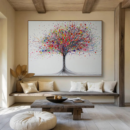 “Color Burst Tree” - Black branches, rainbow splatters, whimsical tree, Abstract Tree Painting On Canvas HB0588