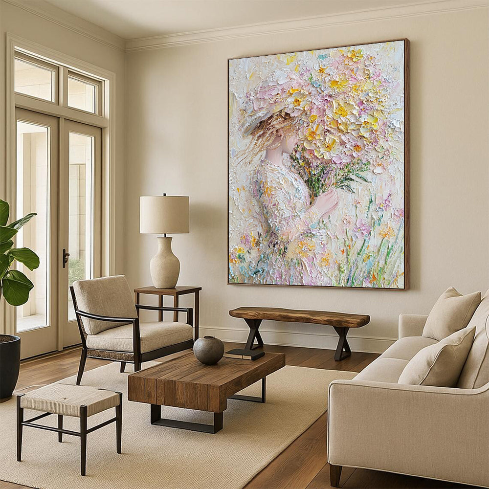 Contemporary abstract art featuring impasto technique vibrant spring flowers in pastel hues perfect for enhancing wall decor. DLZ1666
