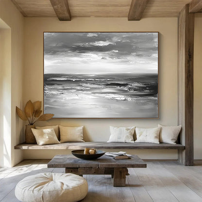 “Impasto Sea Waves in Gray” - Gray, White, Textured Sea Waves Painting On Canvas HB0801