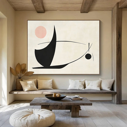 “Abstract Black - Pink Shapes” - Black, pink, and curved lines, Abstract Geometric Painting On Canvas HB0548