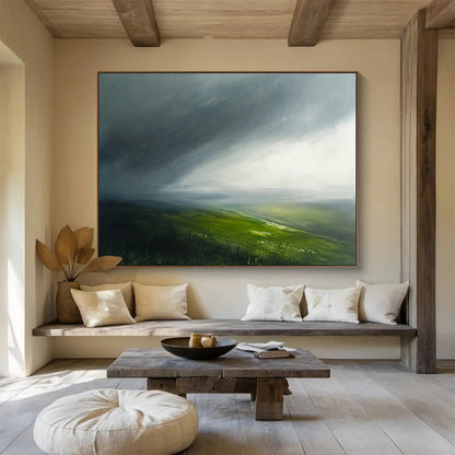 “Misty Moorland” - Gray, Green, Abstract Atmospheric Landscape Painting On Canvas HB1087