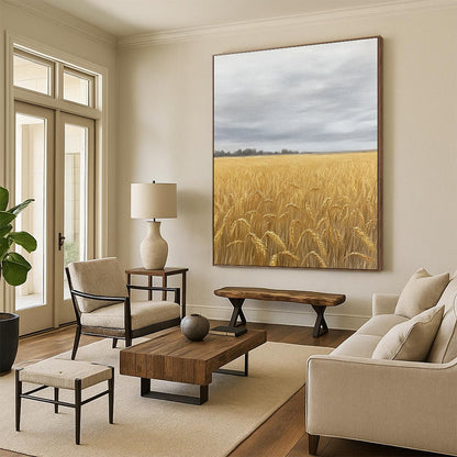 Contemporary hand-painted abstract art featuring a vast wheat field in soft earth tones and greys, capturing nostalgia beneath an overcast sky. DLZ1486