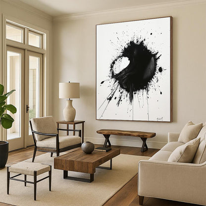 Black Asymmetric Splatter on White - “Unbalanced Ink Drama” Painting On Canvas HB219