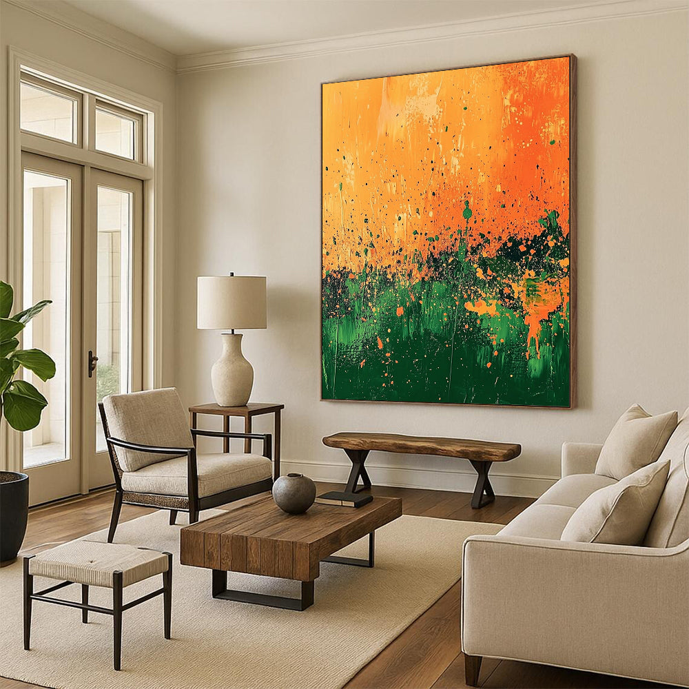 Contemporary abstract painting features vibrant orange and green landscape with splashes of gold and dynamic brush strokes under a surreal light. DLZ0498