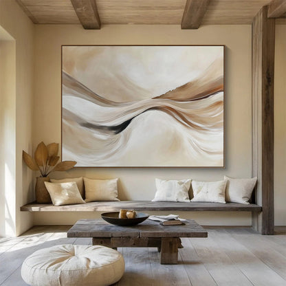 “Beige Flowing Waves” - Beige, White, Abstract Curves - Minimalist Acrylic Painting HB1489
