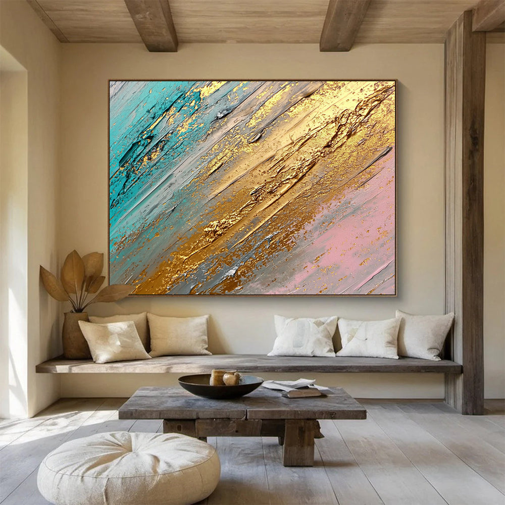 “Teal and Gold Textures” - Teal, Gold, Gray, Pink, Layered Textures - Abstract Impasto Acrylic Painting HB1548