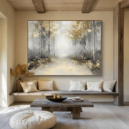 “Misty Forest Path with Gold” - Gray, Gold, Serene Forest Landscape Painting On Canvas HB0881
