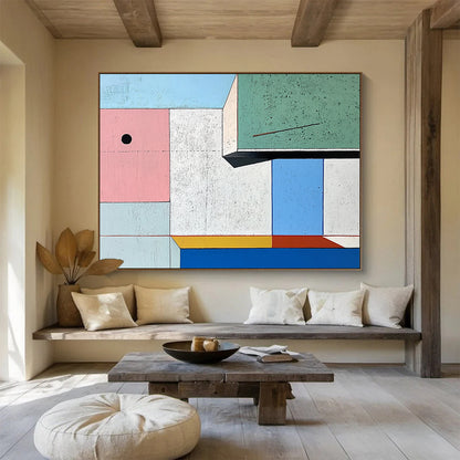 “Geometric Color Blocks” - Pink, Green, Blue, Cubist Geometric Painting On Canvas HB0707