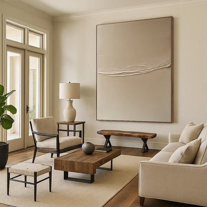 Contemporary abstract artwork featuring a beige wall with a delicate white line, highlighting contrasting textures and subtle shadows for depth. DLZ1434