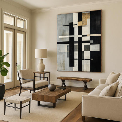 Gray, White, Black, Gold with Intersecting Lines "Structured Harmony" Abstract Painting On Canvas HB012